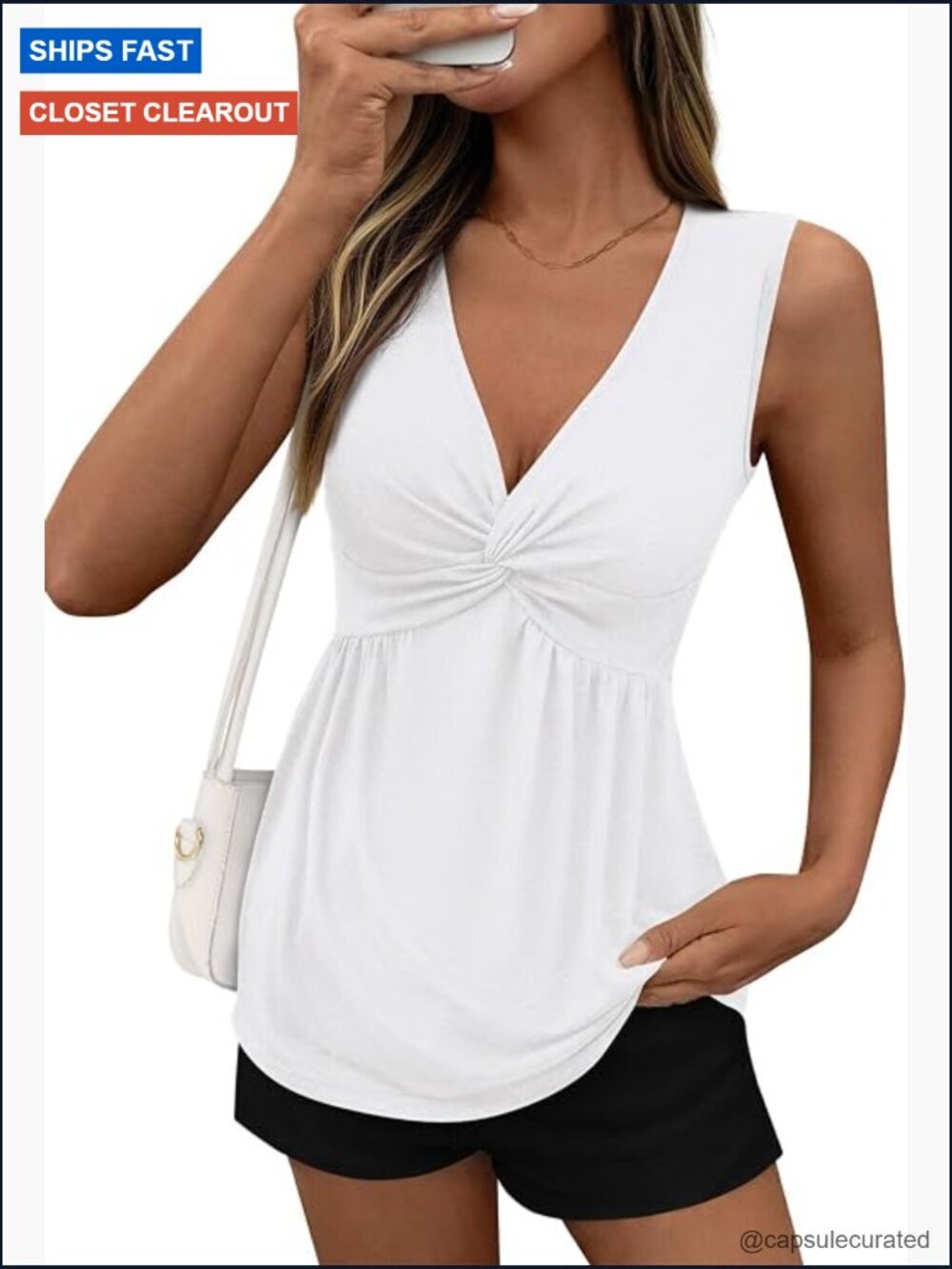 Women's Sleeveless V-Neck Peplum Tank Top - Twist Front Flowy Babydoll Shirt